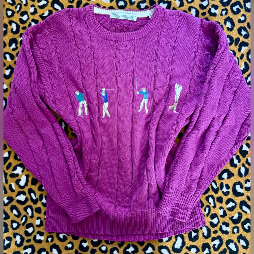 Vintage John Ashford Golf Magenta Cable Knit Sweater